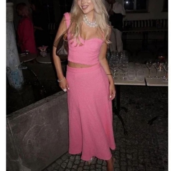 ZARA Pink Tweed Fringe Swing Midi Skirt NWT